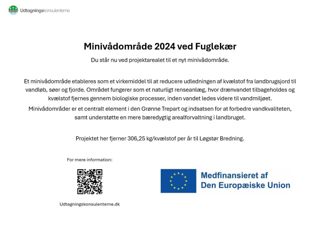 Skilt ved minivådområdet ved Fuglekær, medfinansieret af Den Europæiske Union
